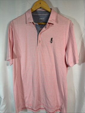 johnnie-O Pink and White Striped Polo with Embroidered Logo